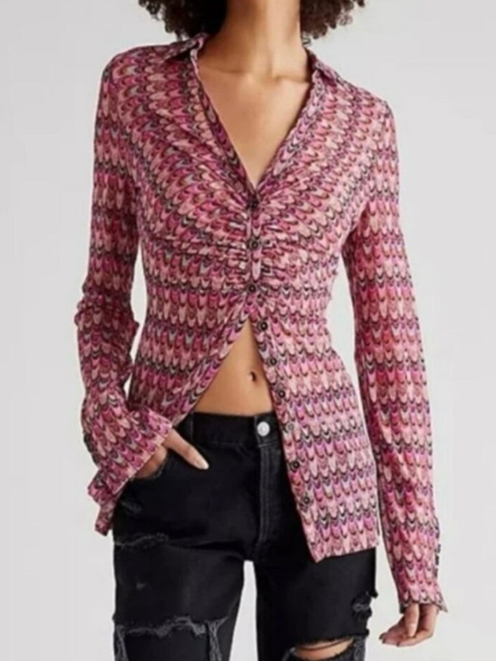 Free People Lucky Mesh Shirtee Top Size LARGE Berry Combo Retro Y2K Semi Sheer